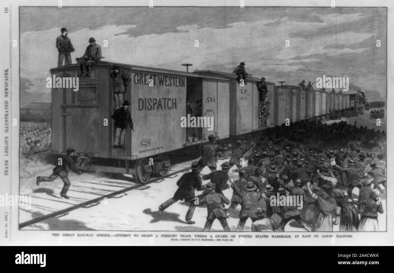 Die große Bahn Streik - Versuch, einen Güterzug zu beginnen, unter dem Schutz der Vereinigten Staaten Marshalls, bei East St. Louis, Illinois/aus einer Skizze von G. J. Nebinger. Stockfoto
