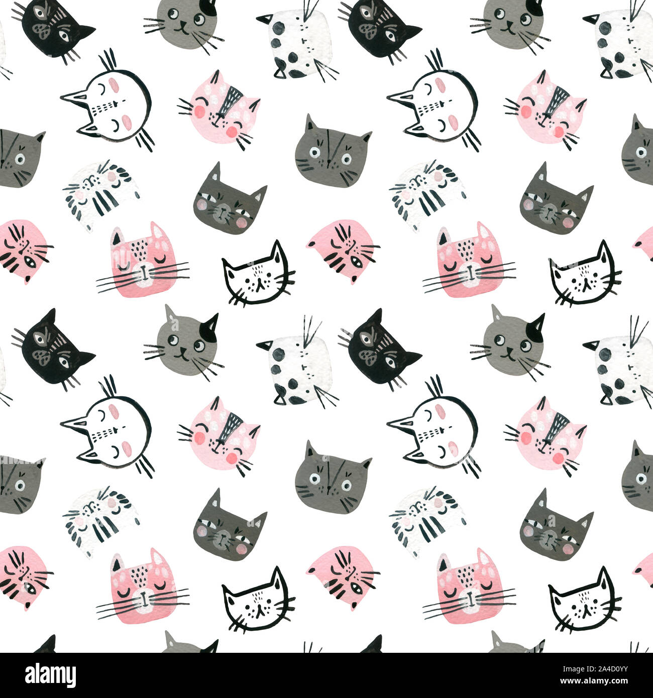 Aquarell süße Katzen Gesichter die nahtlose Muster. Süße Katze maulkörbe Hintergrund. Baumschule Design im skandinavischen Stil. Von Hand bemalt kindisch Hintergrund für Stockfoto
