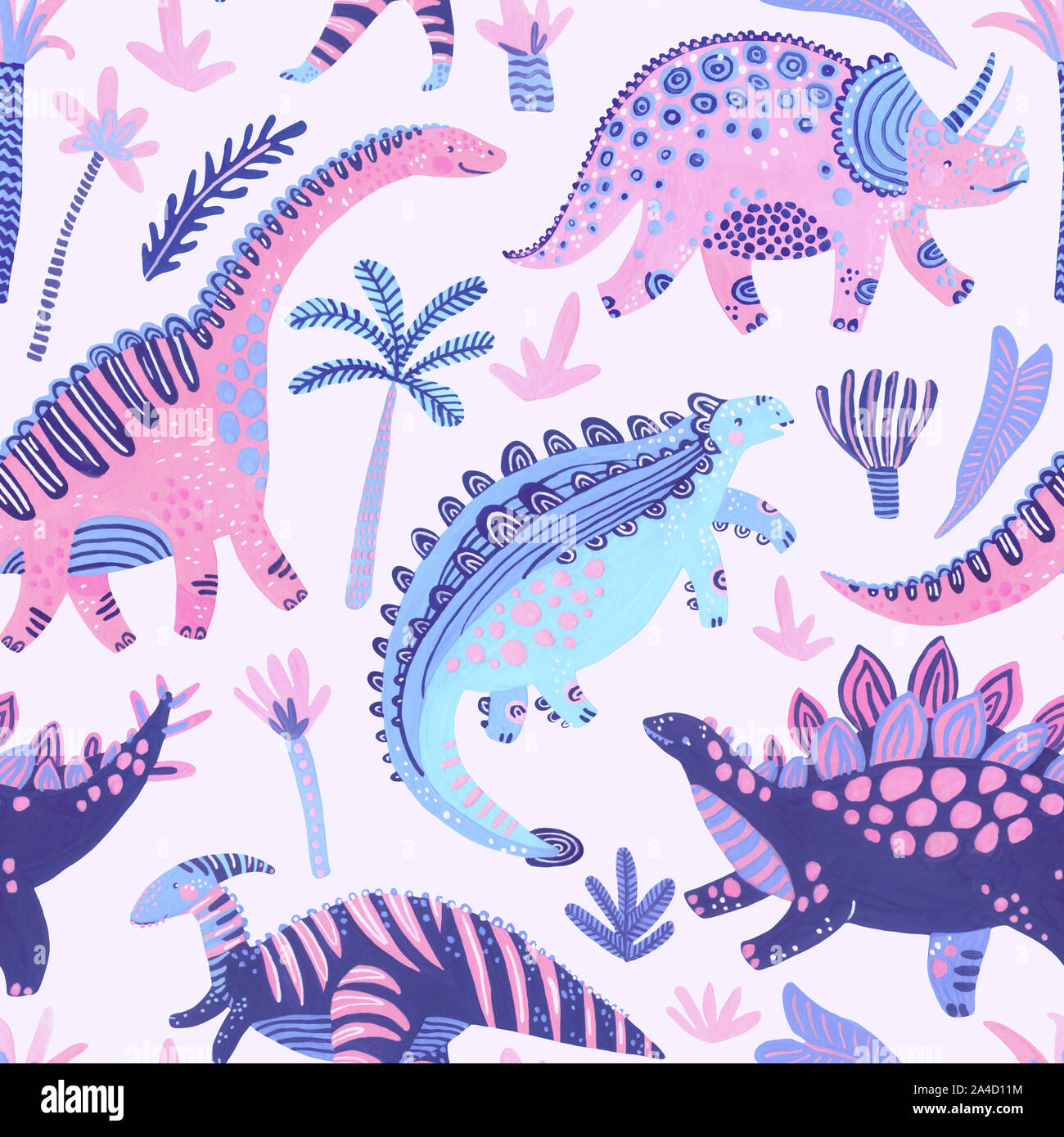 Cute cartoon Dinosaurier nahtlose Muster im skandinavischen Stil. Hand gemalte Aquarell dino Charakter, Tropical Florals Hintergrund. Baumschule Kunst illust Stockfoto