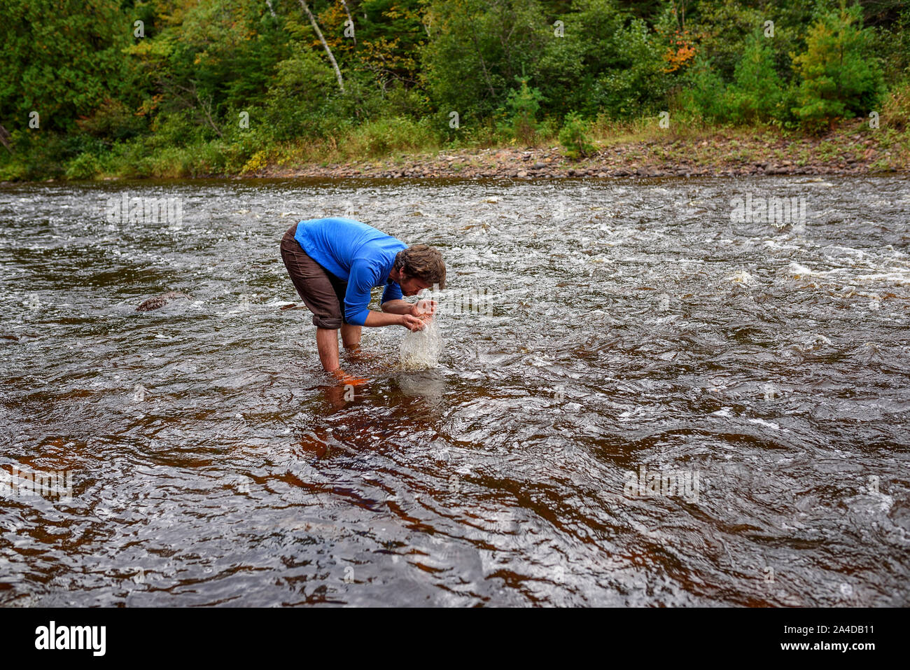 Man wäscht sich die Haare in einem Fluss, United States Stockfoto