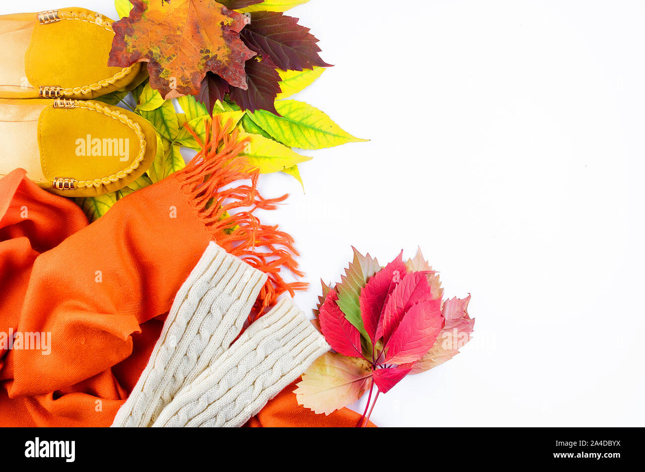 Flach mit warme Kleidung für Herbst, Schal, Schuhe, Handschuhe auf weißem Hintergrund mit Blättern für kühles Wetter und bunten Herbst getrocknete Blätter o Stockfoto