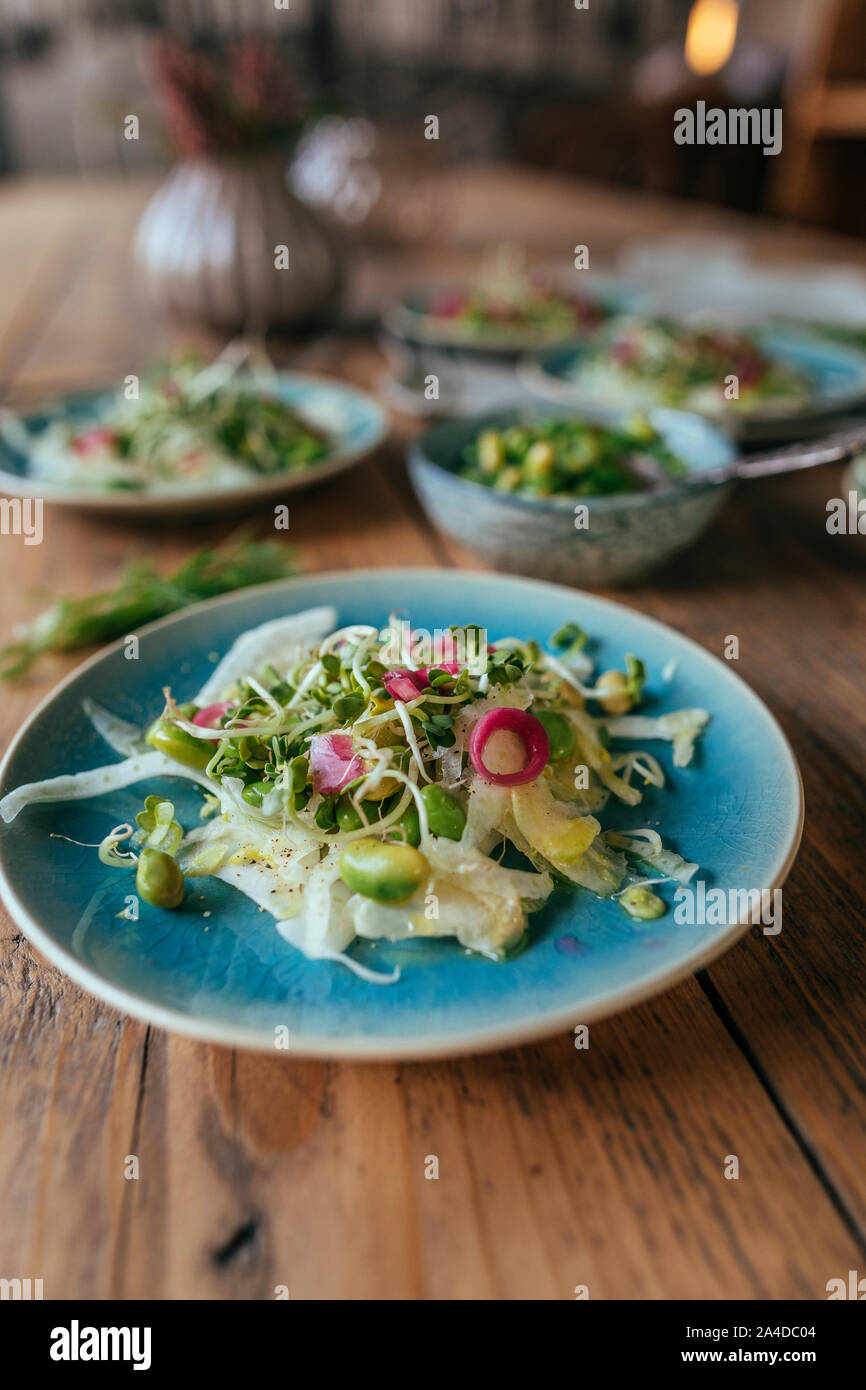 Rettich Salat mit roten Zwiebeln, Edamame Bohnen und Sojasprossen Stockfoto