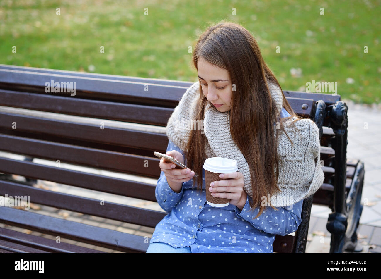 Junge und attraktive Mädchen sitzen auf einer Bank im Herbst park Kaffee trinken und reden auf mobile Smartphones. Stockfoto