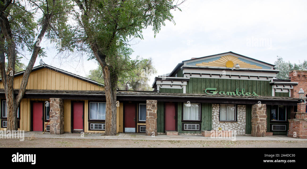 Die Vergangenheit wird lebendig auf den Ebenen Trading Post - einschließlich der Plains Hotel, wo Neil Goodrich alle oder einen Teil der 40 historischen Western Gebäuden erhalten eine operarting Western Komplex in Douglas zu konstruieren, Wyoming Stockfoto