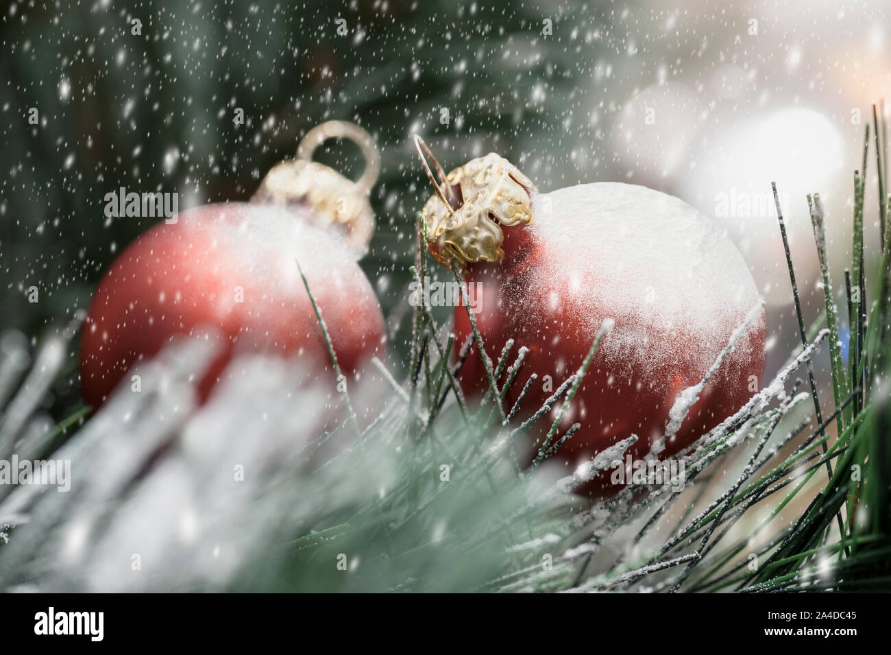 Roten Weihnachtskugeln auf pine Zweige unter Schneefall Stockfoto