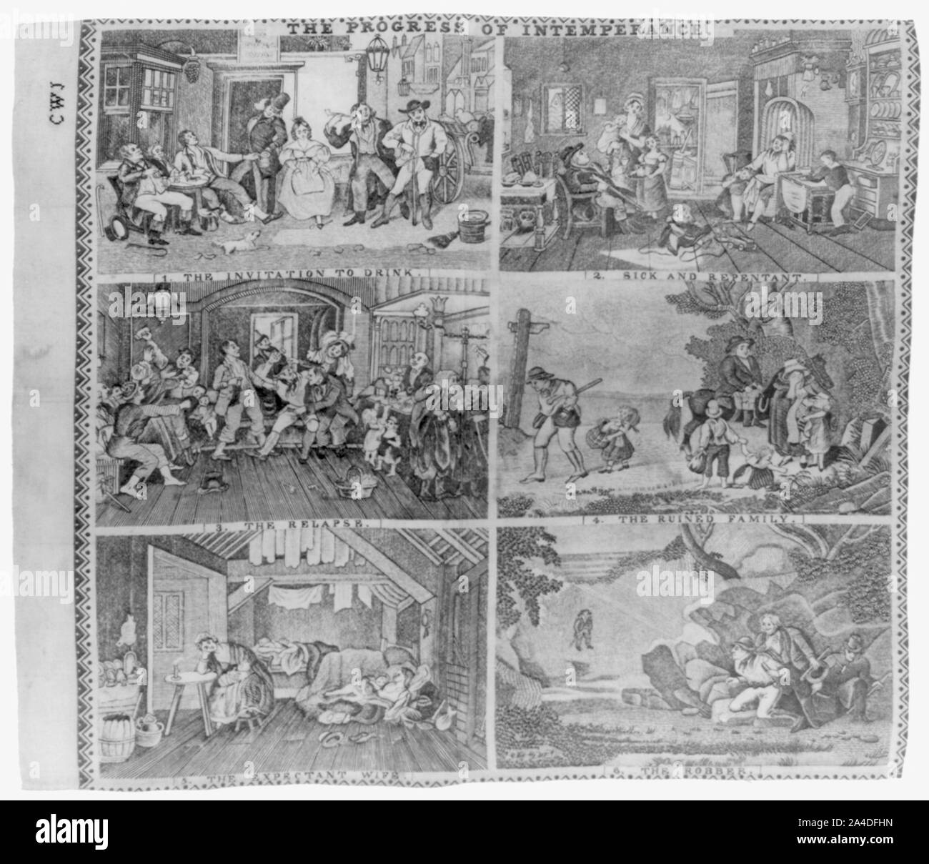 Der Fortschritt der Unmäßigkeit: 1. Die Einladung zu trinken. 2. Krank und bereut. 3. Der Rückfall. 4. Die Familie ruiniert. 5. Die schwangere Frau. 6. Der Räuber Stockfoto