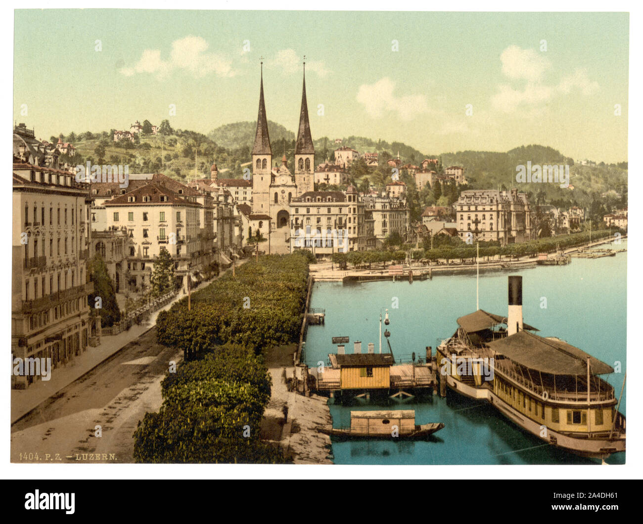 Am Kai, Hotels Schweizerhof und Nationale und Kathedrale aus dem Swan Hotel, Luzern, Schweiz Stockfoto