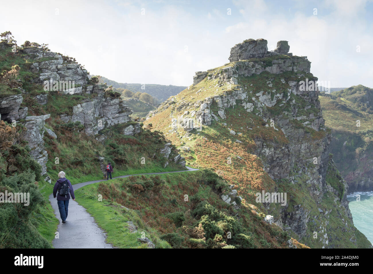 Frau Wanderer zu Fuß entlang der South West Coast Path, Tarka Trail, in Richtung Castle Rock, im Tal der Felsen, Lynton, Devon, September. Stockfoto