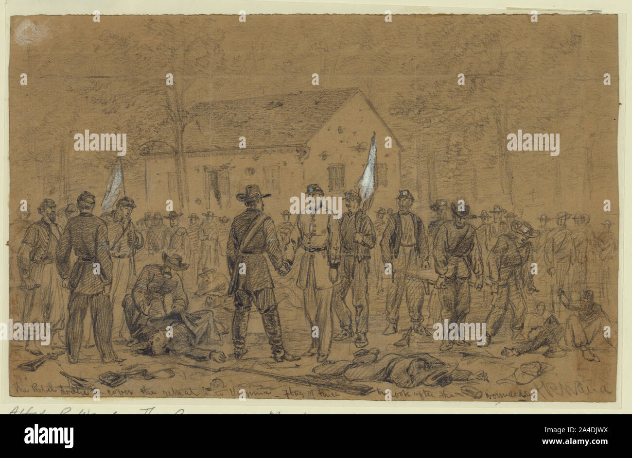 Die rebellischen Dodge den Rückzug in Virginia zu decken. Flagge von Waffenstillstand zu schauen nach dem Wounded Stockfoto Die rebellischen Dodge den Rückzug in Virginia zu decken. Flagge von Waffenstillstand zu schauen nach dem Wounded Stockfoto