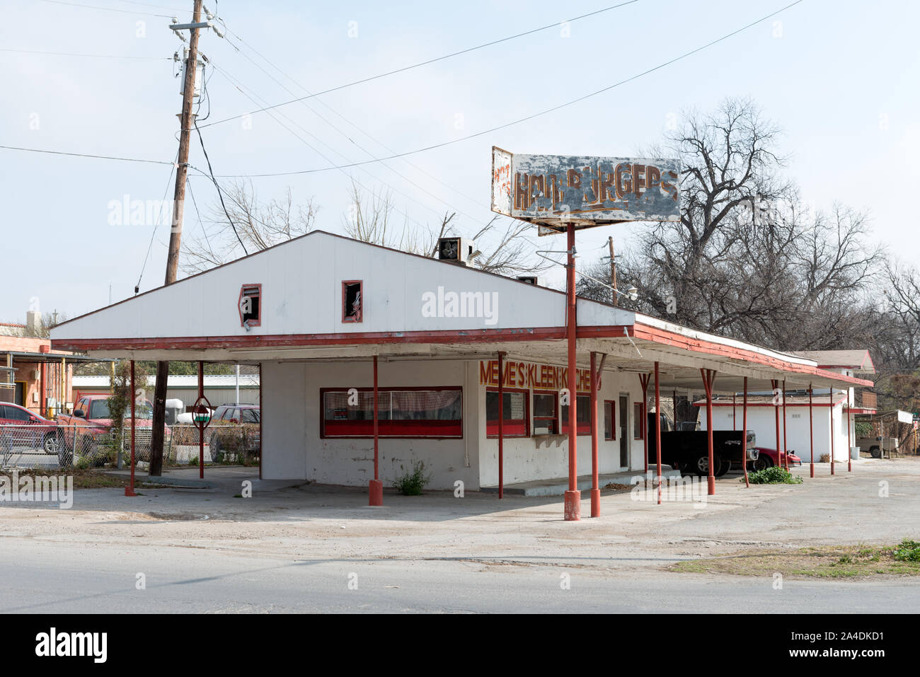 Die Reste der Meme's Kleen Küche, einem verstorbenen Hamburger gemeinsame in Del Rio, Texas Stockfoto