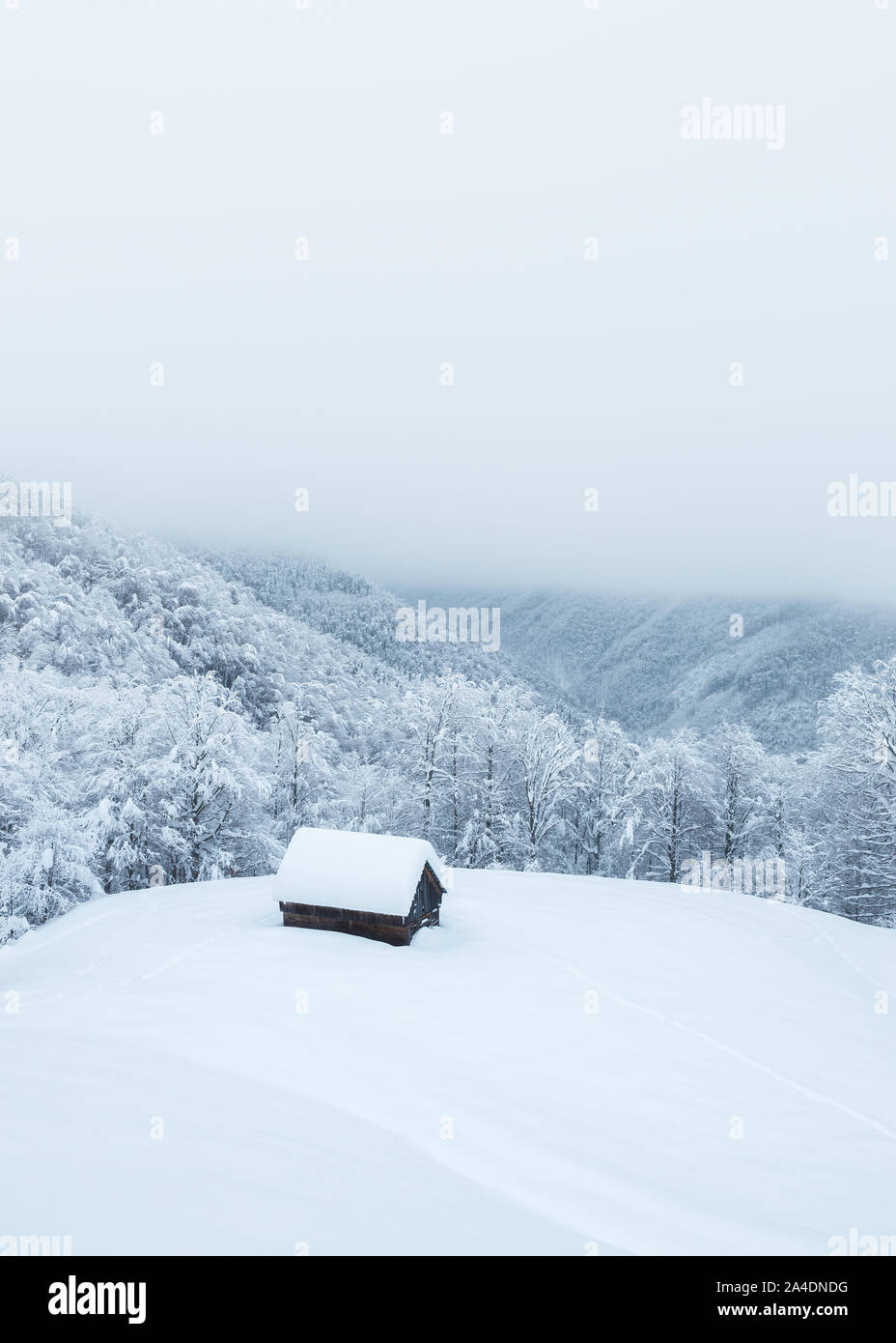 Einsam verschneiten Haus in den Bergen. Winterlandschaft mit Frost bedeckt Wald und Nebel im Tal Stockfoto