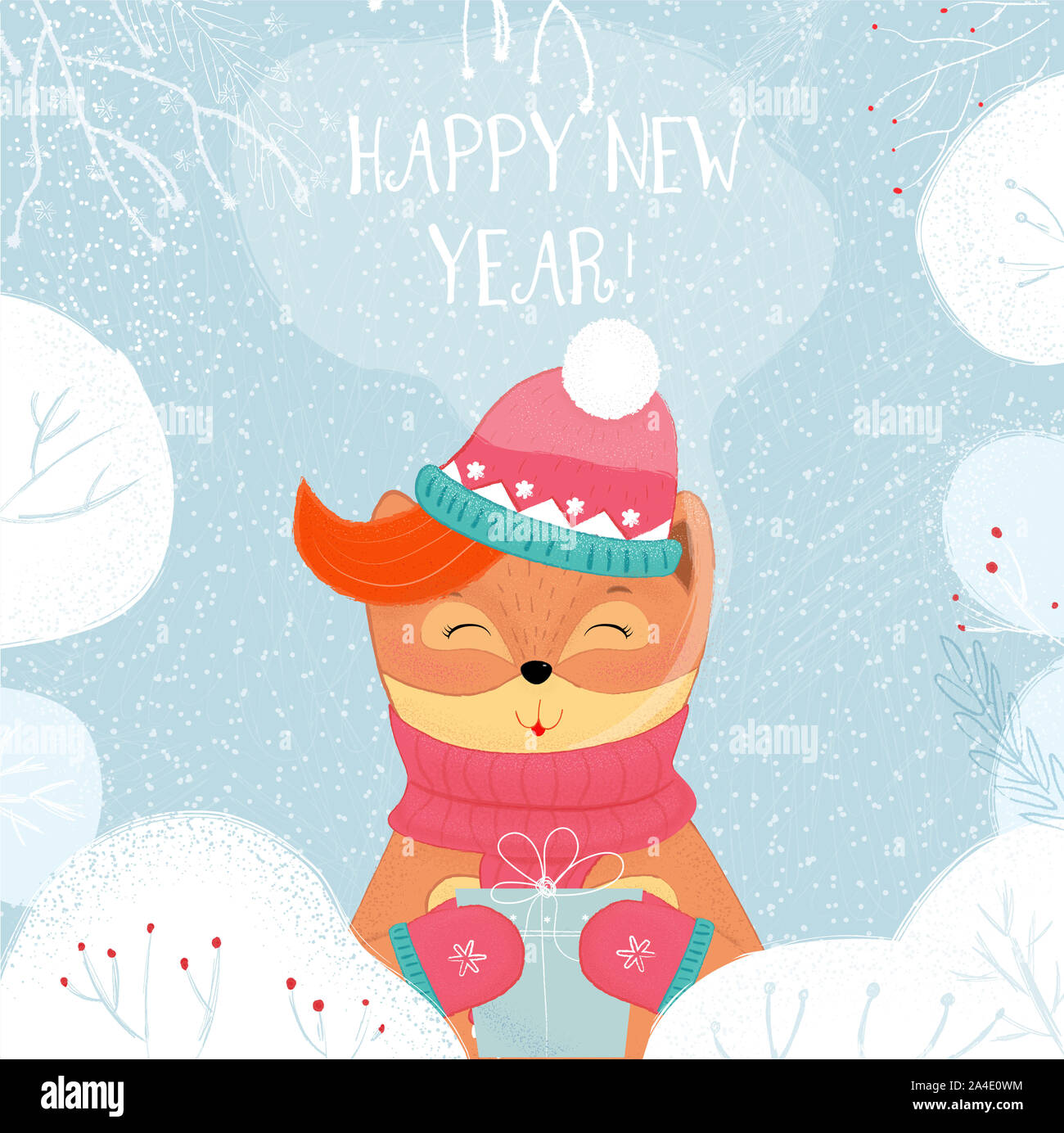 Frohes Neues Jahr Grußkarten Winter Fuchs Holding verpackt Geschenkkarton. Kawai Baby Fox in Schal, Mütze und Handschuhe Betrieb vorhanden auf Verschneiten Hintergrund. Cartoo Stockfoto