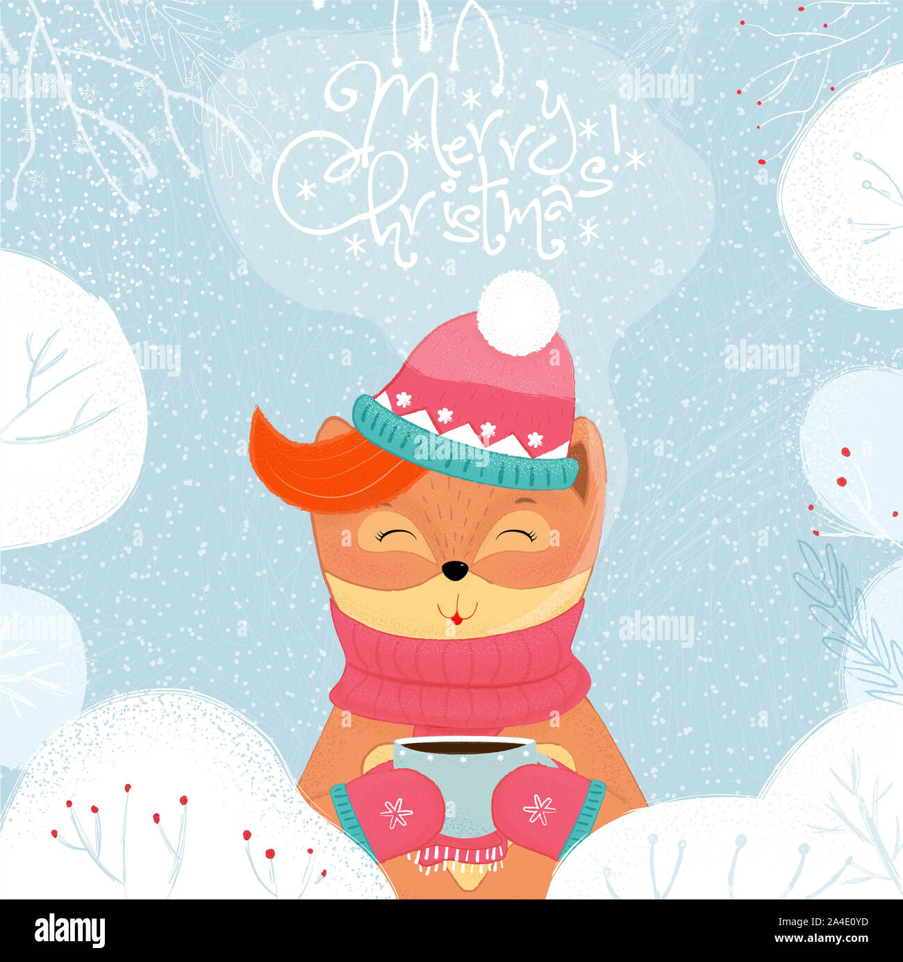 Merry Christmas Card winter Fuchs trinken heißen Tee. Kawai baby Fox in Schal, Mütze und Handschuhe holding Tasse mit heißem Getränk auf verschneiten Hintergrund. Cartoon Stockfoto
