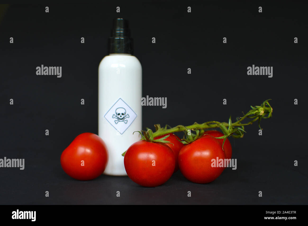 Die Verwendung von gefährlichen Pestizide in der Landwirtschaft Lebensmittel mit roten Tomaten in den Vordergrund und weißen Sprühflaschen mit giftigen Warnschild Stockfoto