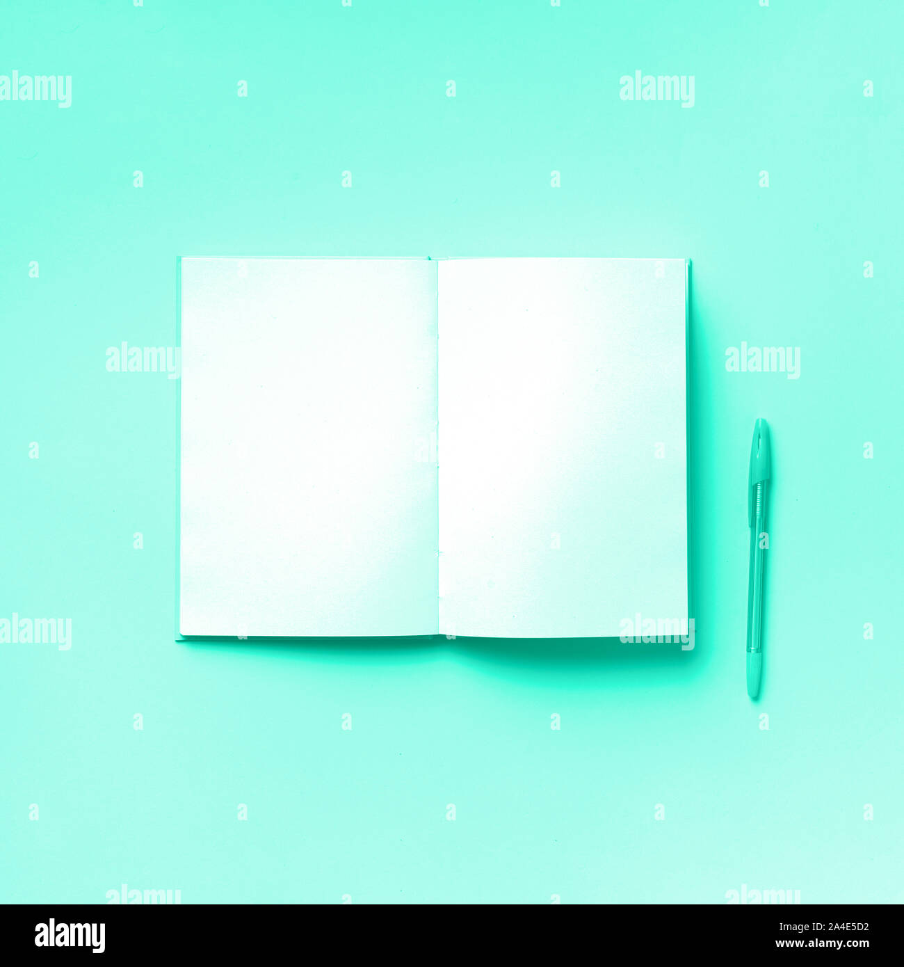Ansicht von oben offenen mint Notebook am trendigen grün und türkis Farbe Hintergrund. Kopieren Sie Platz. Frau Business, Studium, zurück in die Schule. Zeit managen Stockfoto