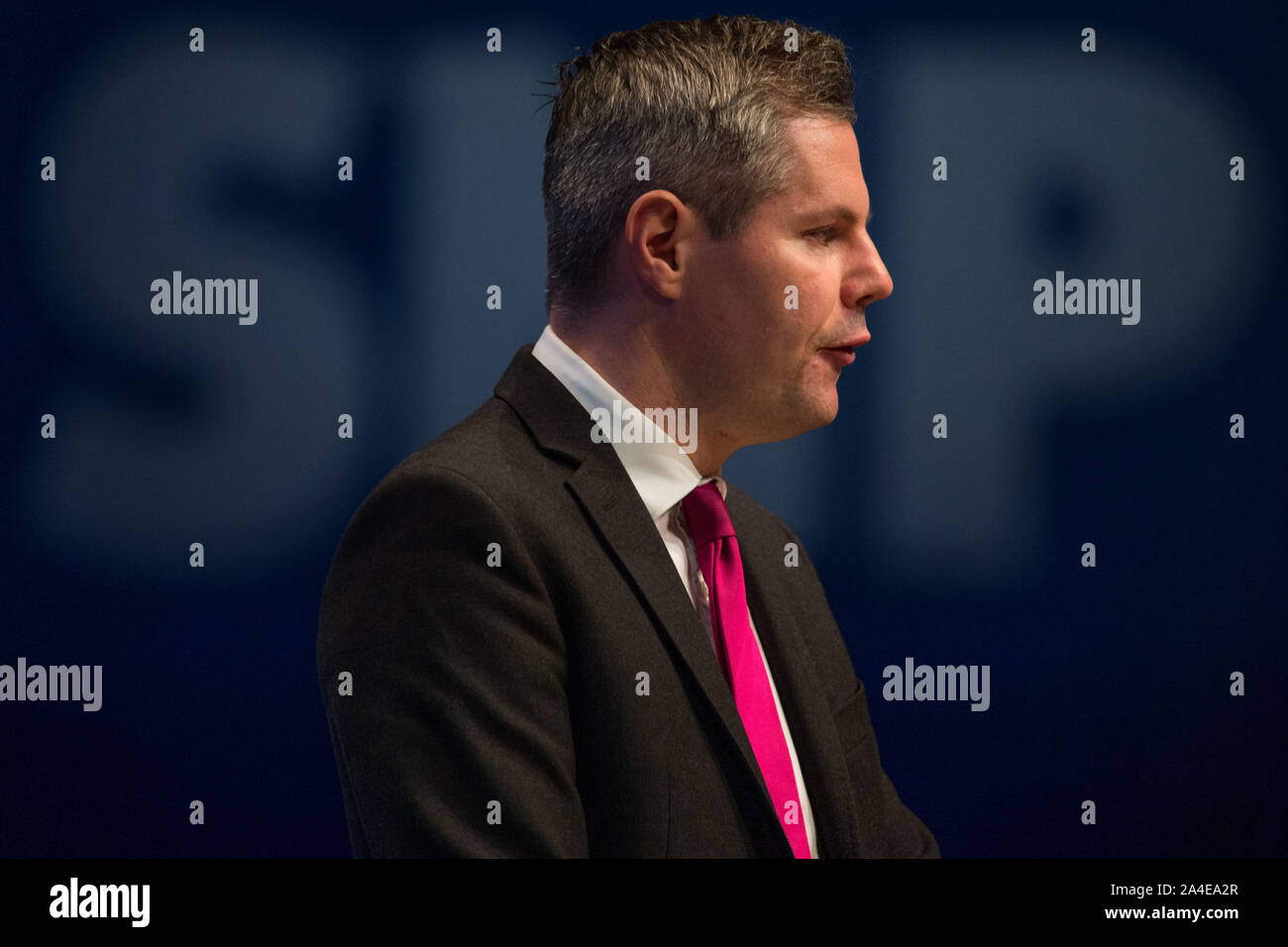 Aberdeen, Großbritannien. 14 Okt, 2019. Aberdeen, 14. Oktober 2019. Im Bild: Derek Mackay MSP-Kabinett Sekretär für Finanzen, Wirtschaft und Fair Work, Scottish National Party (SNP). Klimawandel Rede bei der Scottish National Party (SNP) Konferenz auf der Veranstaltung komplexe Aberdeen (teca). Credit: Colin Fisher/Alamy leben Nachrichten Stockfoto