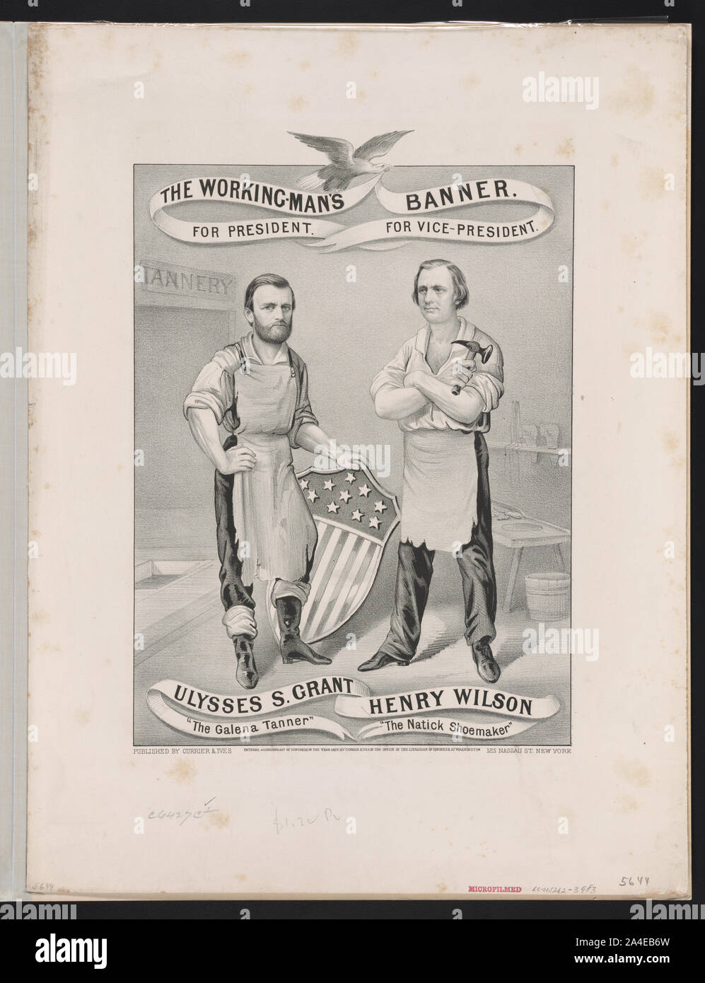Banner der Arbeit - der Mensch. Für Präsident Ulysses S. Grant, den Galena Tanner. Für Vizepräsident, Henry Wilson, der natick Schuster Stockfoto