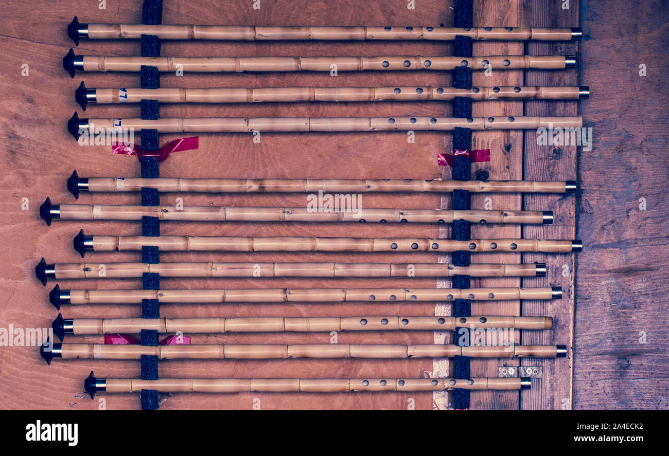 Handgefertigte Bambus schrille Pfeifen in der Ansicht Stockfoto