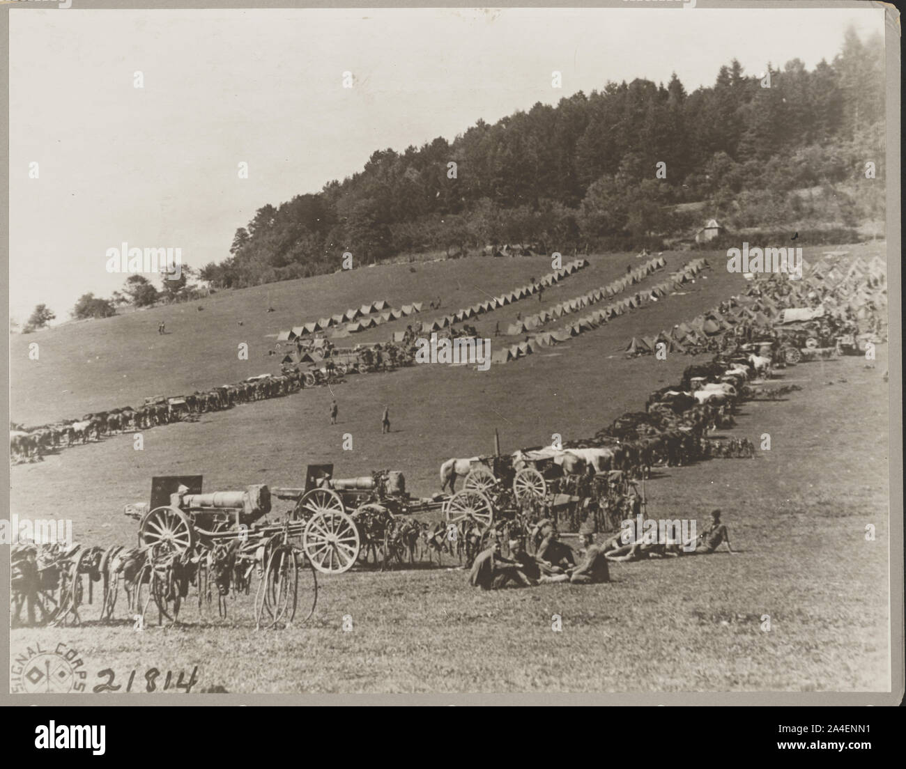 Dritten Bataillon 13 Regiment schwere Feldartillerie, der vierte Unternehmensbereich, in Rest Camp auf einem Hügel in der nähe von Entre. 155-mm-. Waffen können in den Vordergrund gesehen werden fast von Camouflage und Kabelbaum versteckt. Andelot, Ste. Marne, Frankreich Stockfoto