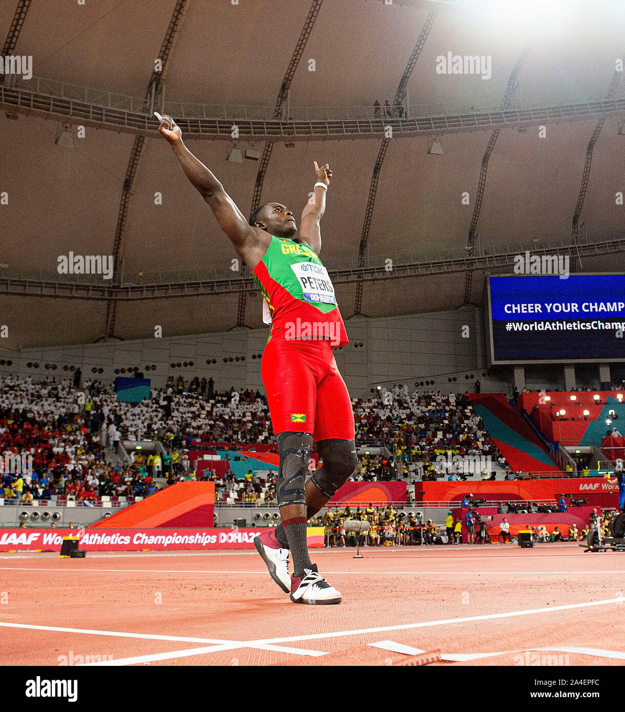 Jubel Sieger Anderson PETERS (grün/1. Platz), Speerwerfen Finale der Männer, am 06.10.2019 Leichtathletik WM 2019 in Doha/Katar, vom 27.09. - 10.10.2019. | Verwendung weltweit Stockfoto