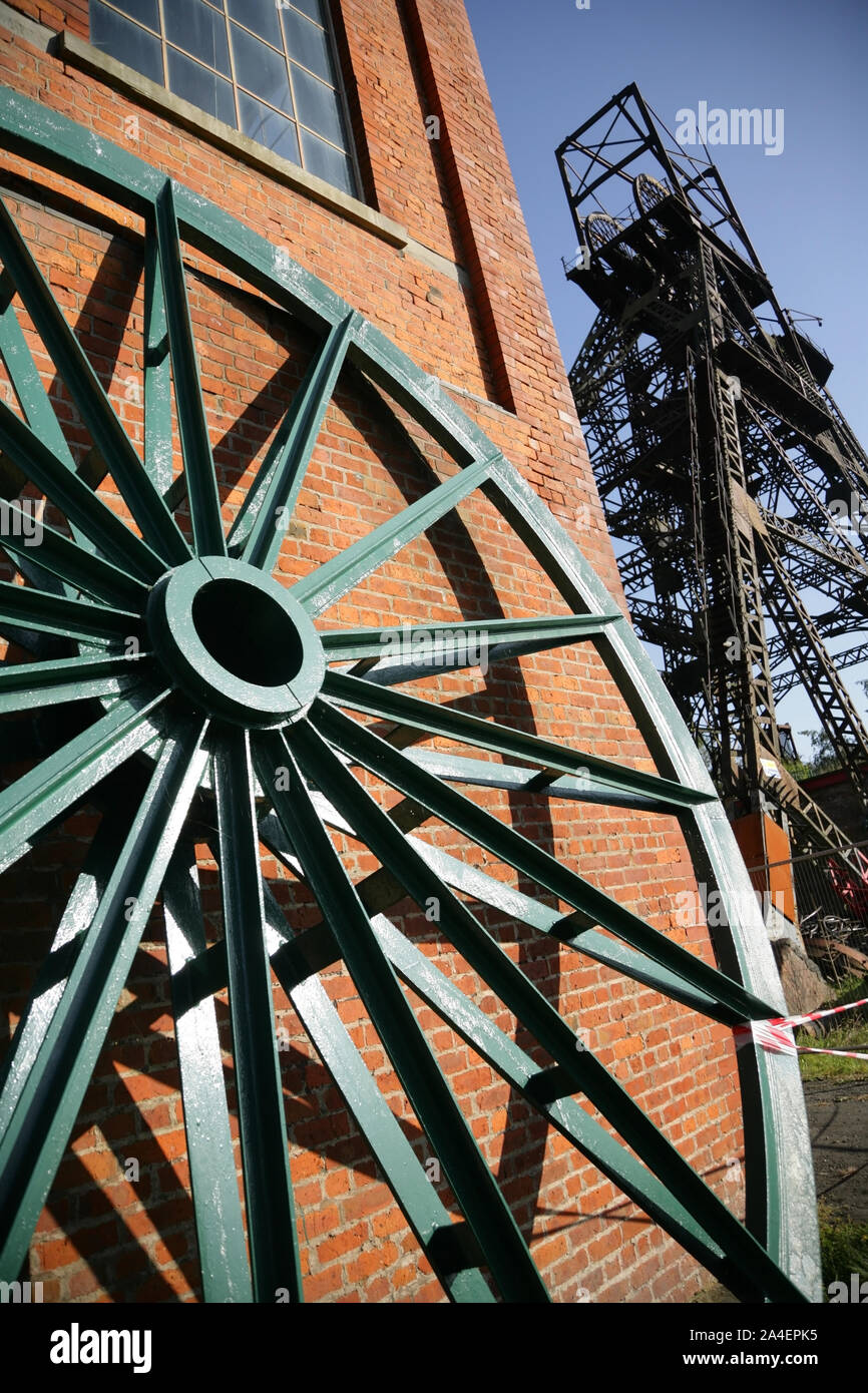 Förderturm Zahnrad an der Lancashire Mining Museum am Astley Green Colliery, Astley, nr Tyldesley, UK. Stockfoto