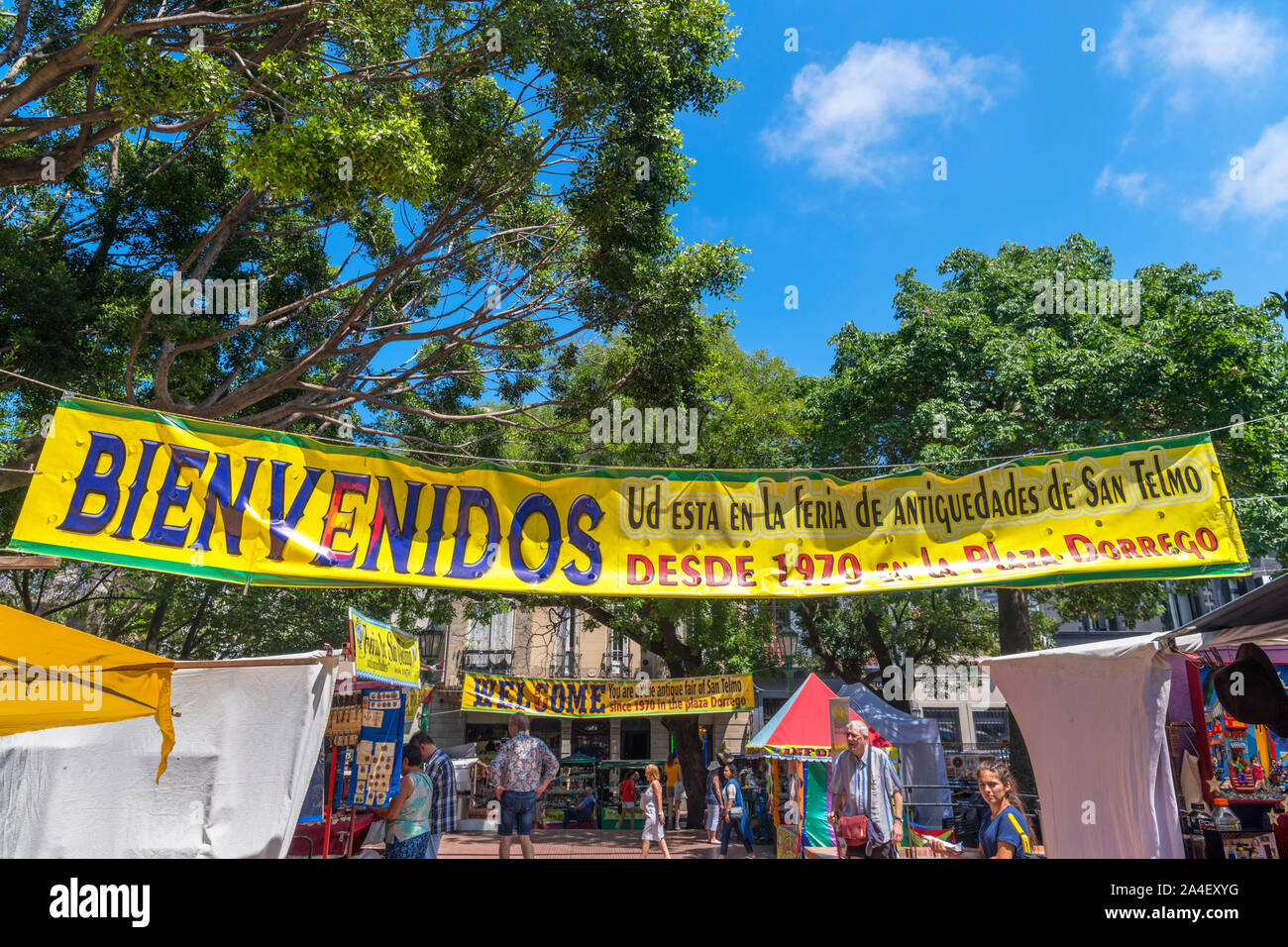 Zeichen für die Feria de San Telmo, einem Sonntag Markt in der Plaza Dorrego, San Telmo, Buenos Aires, Argentinien Willkommen Stockfoto