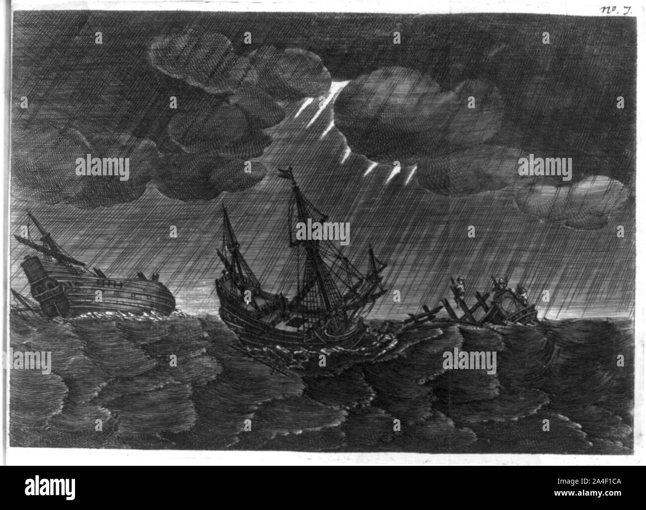 Drei Schiffe, die in einem Sturm Stockfoto