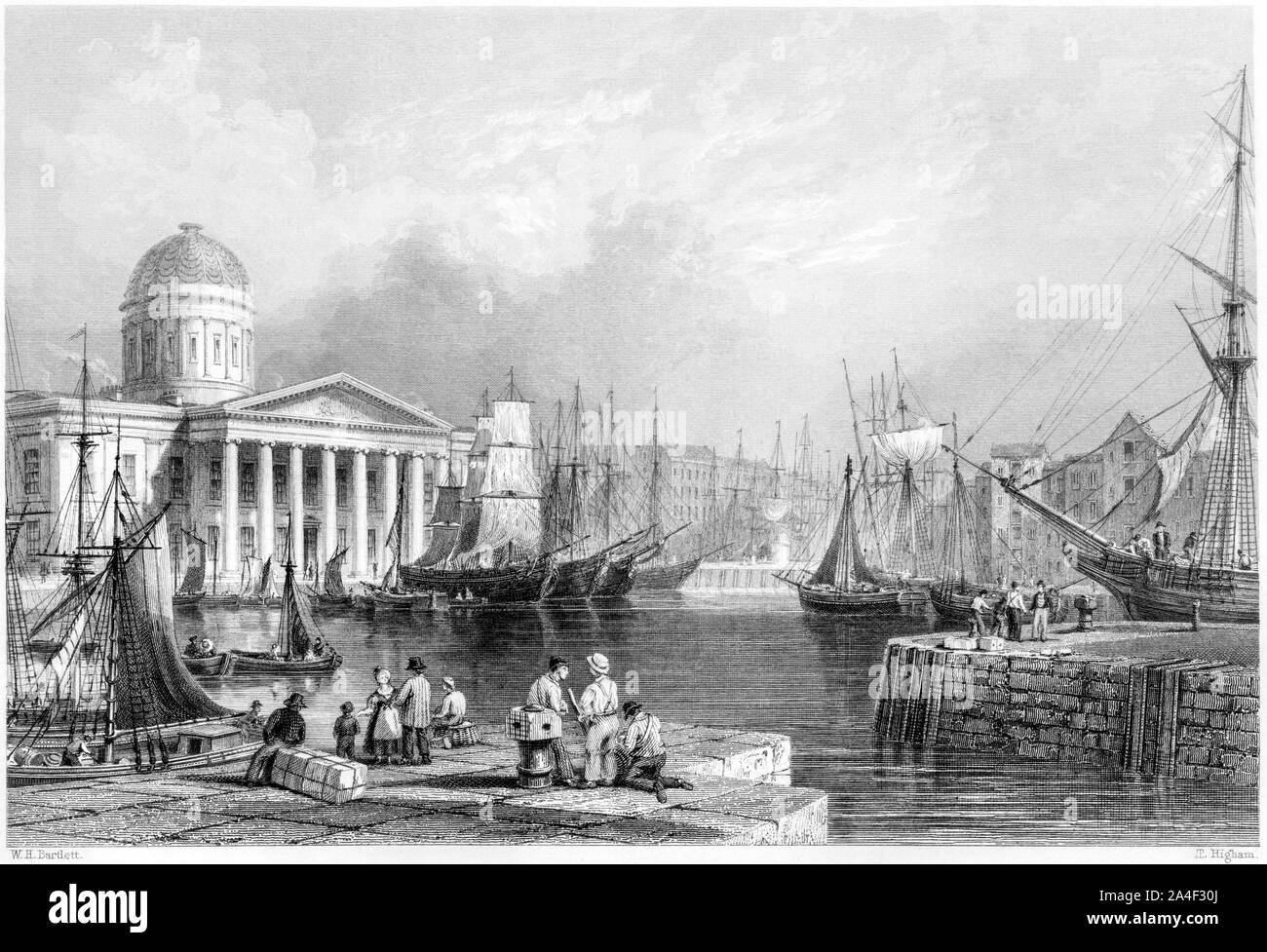 Eine Gravur von Canning Dock und Custom House, Liverpool UK, gescannt mit hoher Auflösung aus einem Buch, das 1842 gedruckt wurde. Für urheberrechtlich frei gehalten. Stockfoto