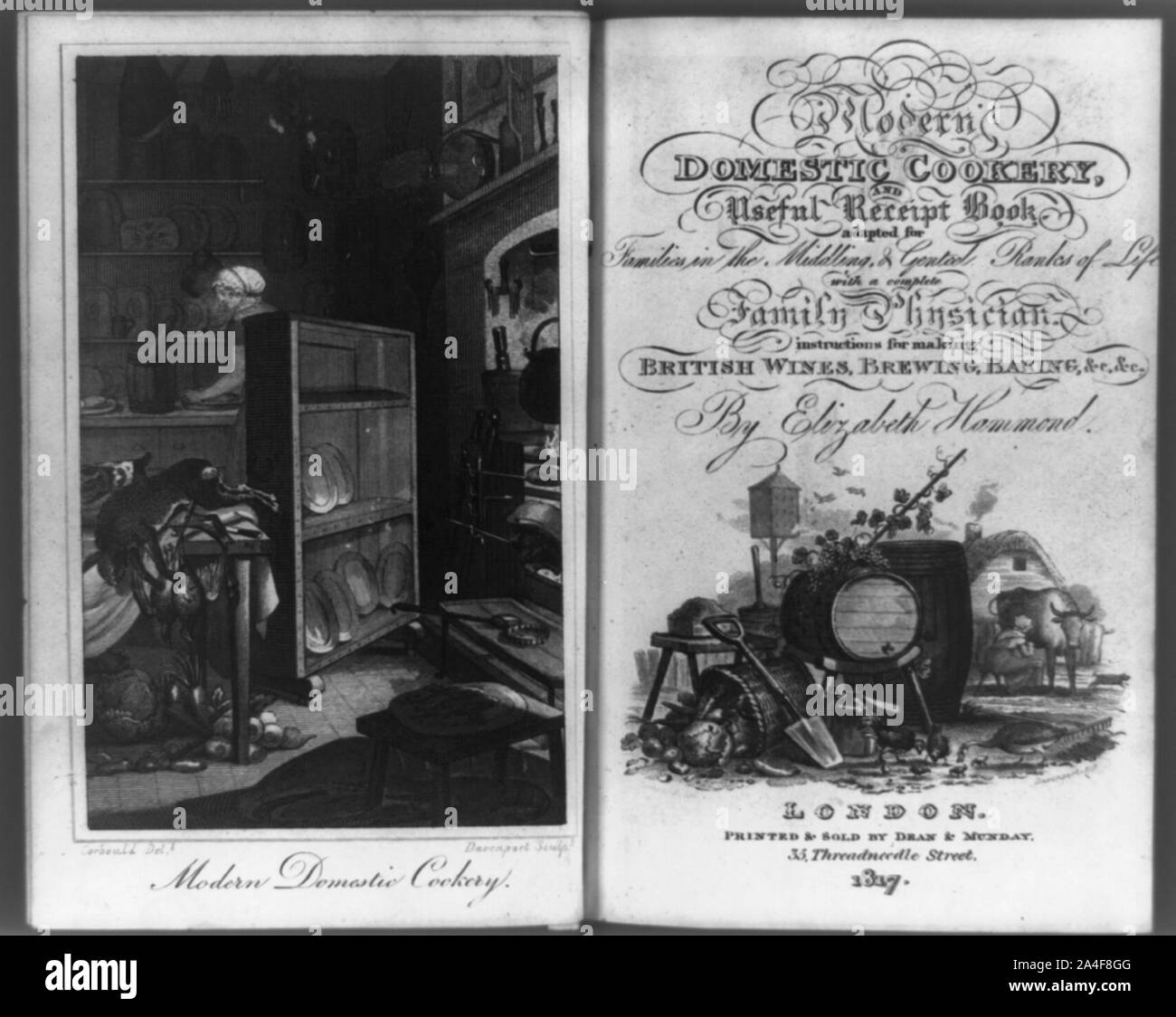 Titelblatt von 1817 Kochbuch zeigt Frau Kuh melken, implementiert und Container, das Essen, die Frau in der Küche arbeiten Stockfoto