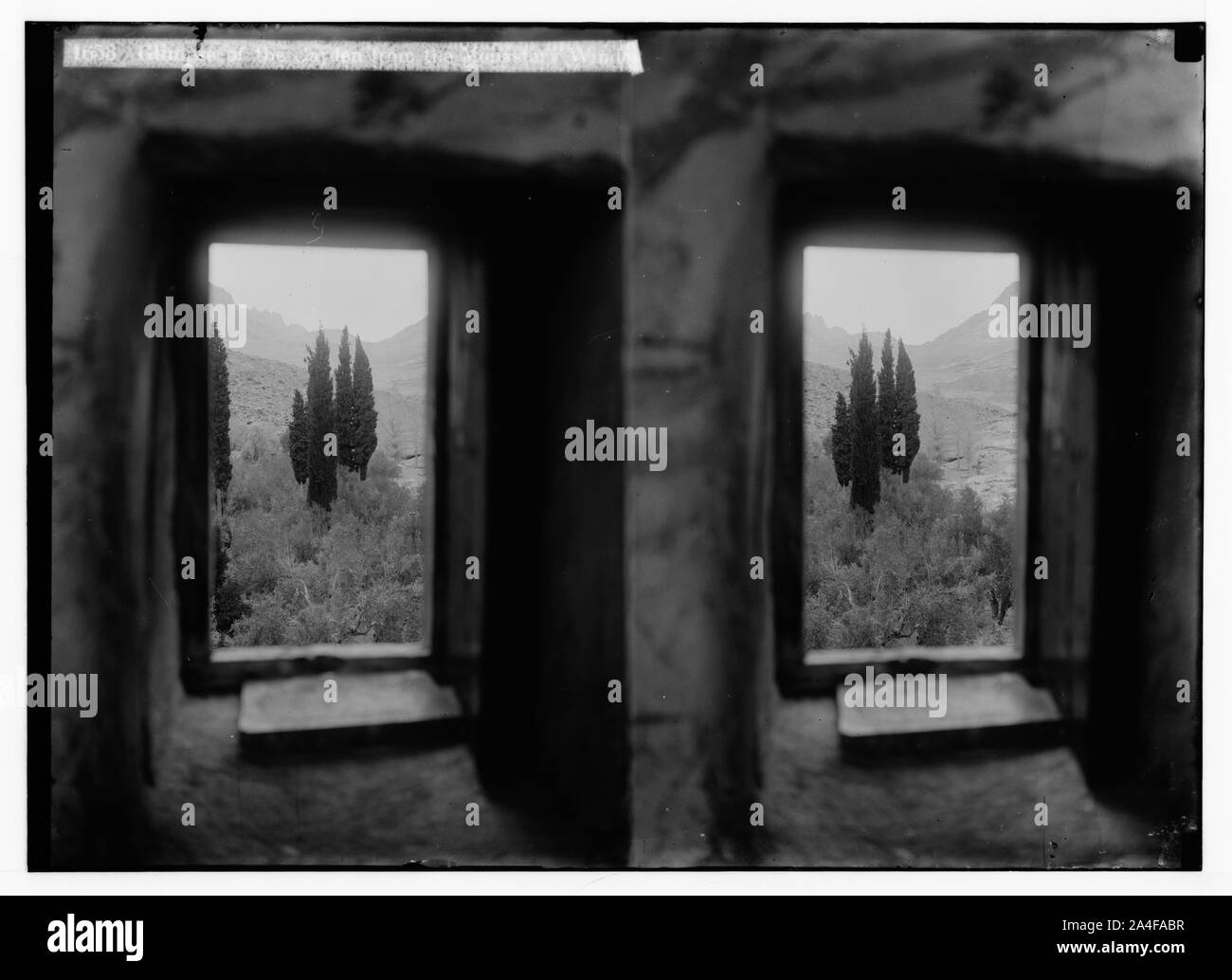 Zum Sinai, über das Rote Meer, Tor, und Wady Hebran. Blick in den Garten des Klosters Fenster [Kloster St. Katharina]. Stockfoto