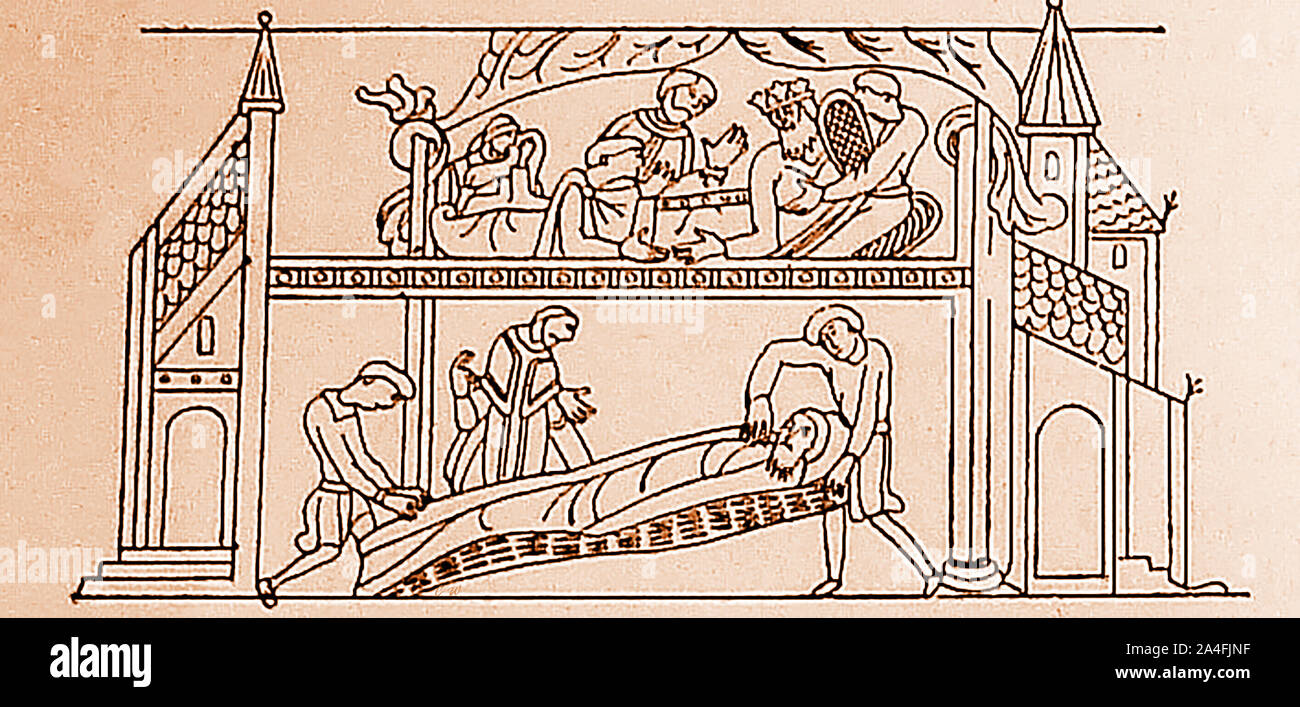Krankheit und Tod von Edward dem Bekenner wie auf dem Teppich von Bayeux gezeigt Stockfoto