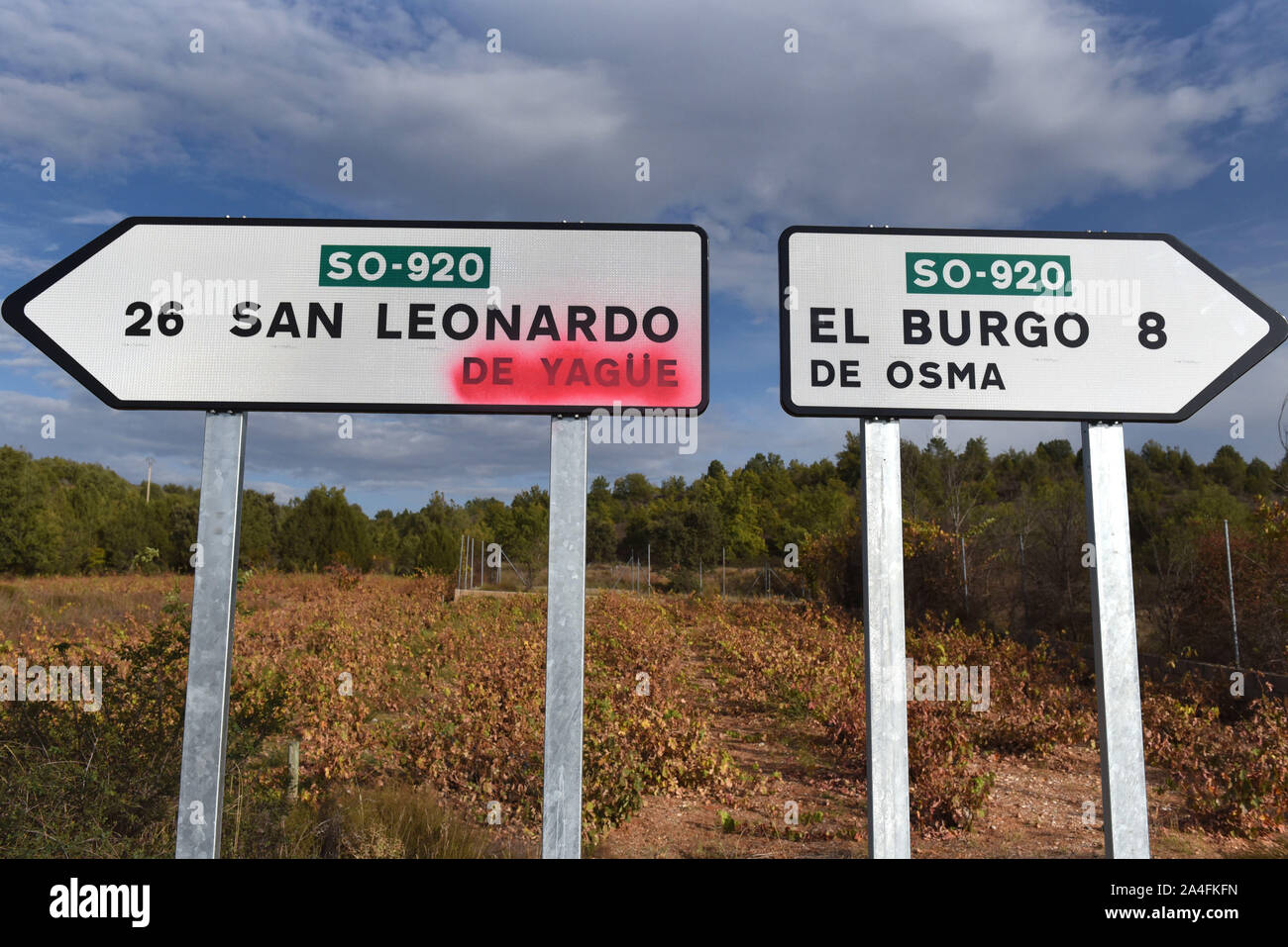 Oktober 12, 2019, Sotos del Burgo, Spanien: ein Ortsschild von San Leonardo de YagÃ¼e (L) in der Nähe der kleinen Ortschaft Sotos del Burgo.. Trotz des spanischen Gesetz des historischen Gedächtnisses gesehen verbietet es an öffentlichen Orten oder Personen, San Leonardo de Yague ist einer von acht spanischen Städte, die noch Namen mit Referenzen an die Ehemaligen der spanischen Diktatur. Juan Yague y Blanco war eine Spanische Armee Offizier während des Spanischen Bürgerkriegs, als eines der wichtigsten nationalen Seite. (Bild: © John milner/SOPA Bilder über ZUMA Draht) Stockfoto