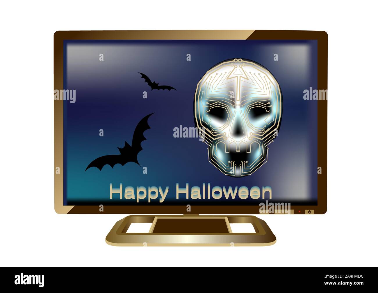 Halloween in Computer mit Fledermäusen und Schädel Stock Vektor