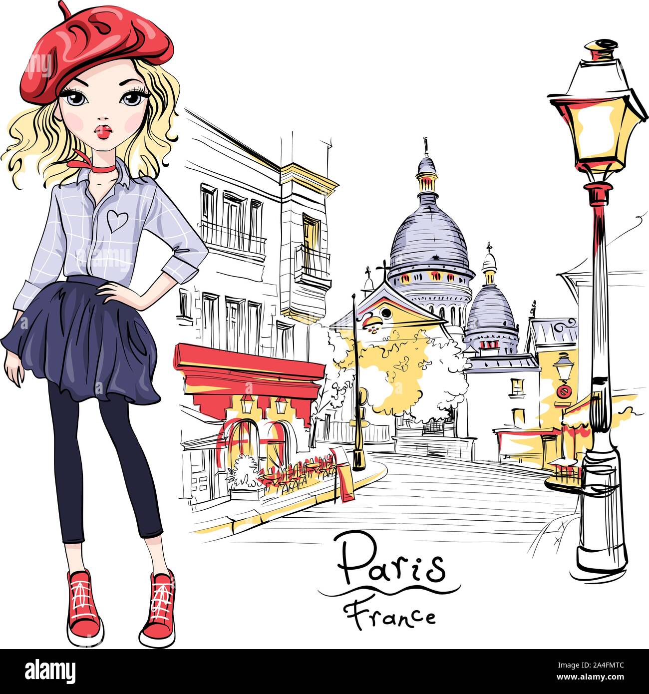 Vektor Mode Mädchen in Paris. Stock Vektor