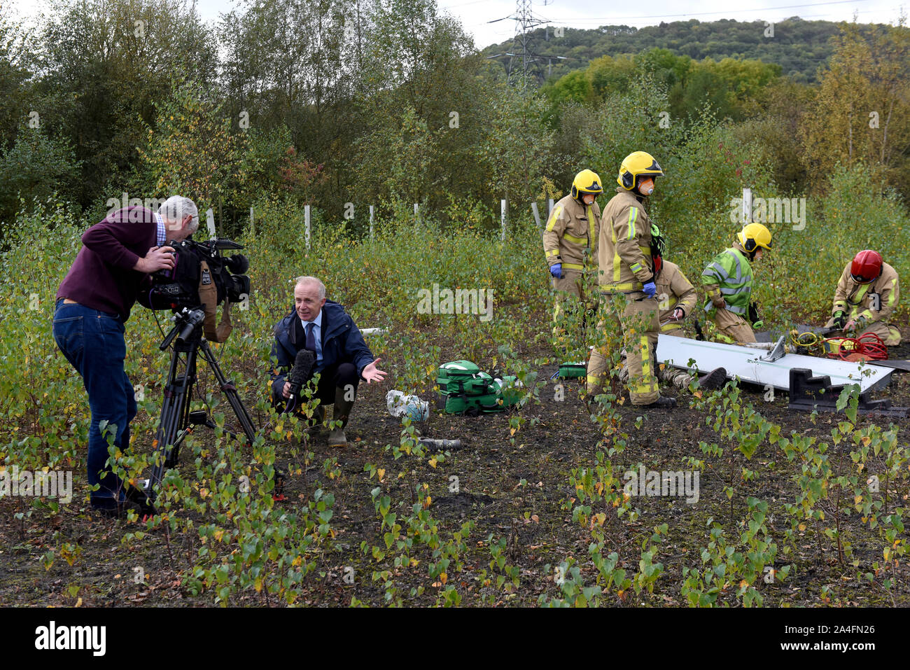 Fernsehen neue Crew Berichterstattung über Shropshire Feuer- und Rettungsdienst Teilnahme an simulierten Flugzeugkatastrophe Übung 2019 Stockfoto