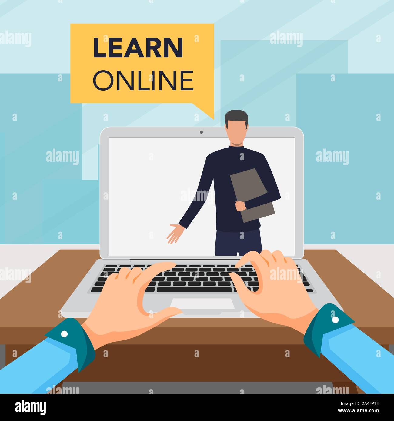 Online lernen Konzept für on-line-Schule. Vektor Laptop auf blauem Hintergrund Stock Vektor