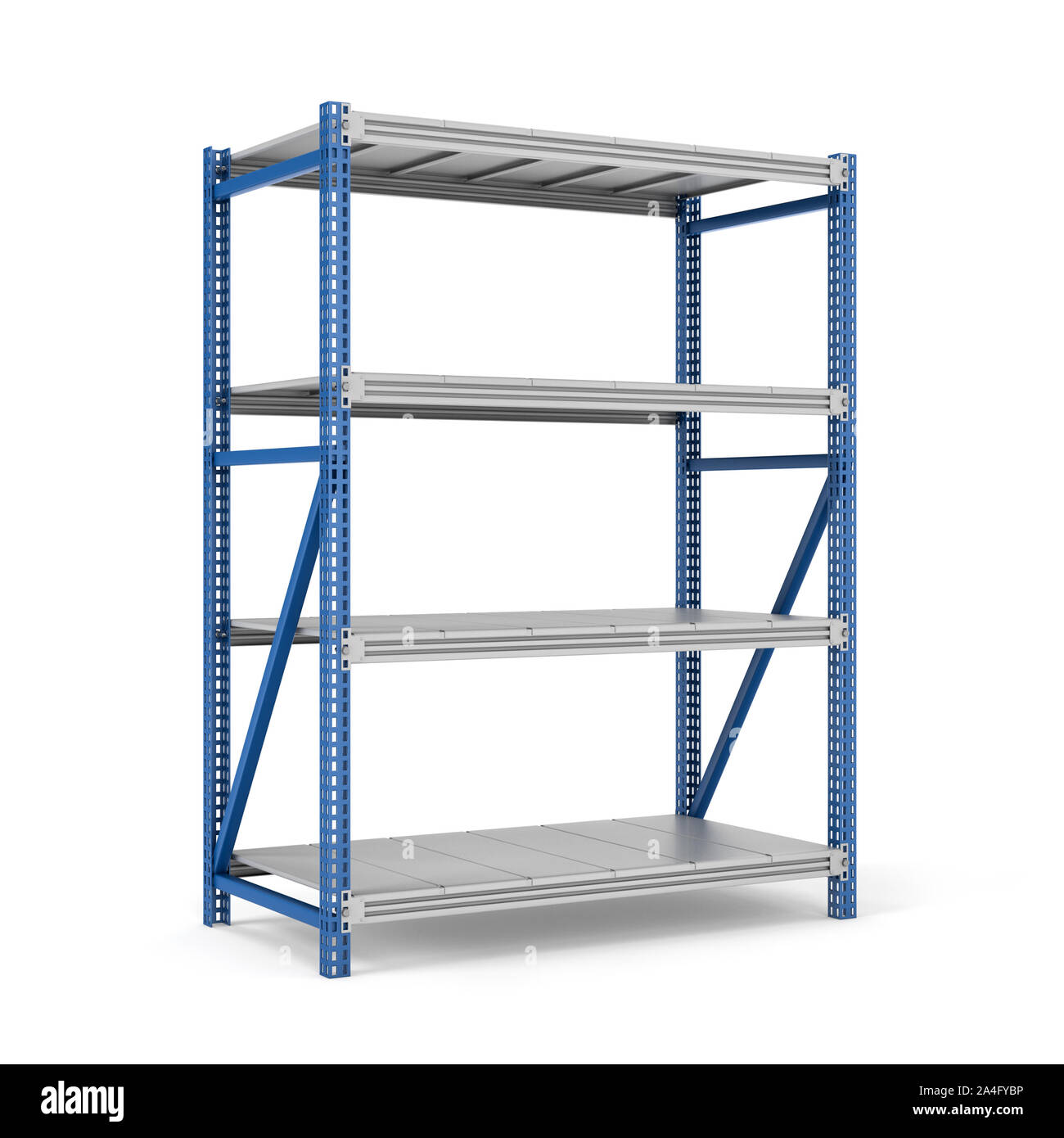 3D-Rendering von einem vierstöckigen Stahl Storage Rack isoliert auf den weißen Hintergrund. Lagerung Möbel. Freistehenden Racks und Regale. 3D-Modellierung. Stockfoto