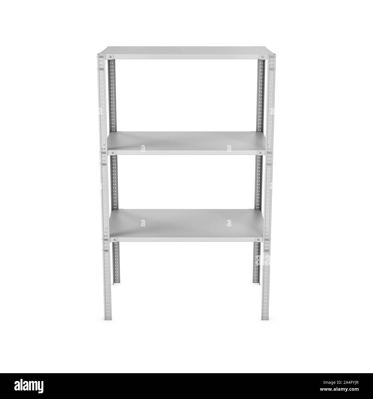 3D-Rendering für eine drei-stöckigen Licht Metall Rack isoliert auf den weißen Hintergrund. Lagerung Möbel. Ausrüstung für den Einzelhandel. 3D-Modellierung. Stockfoto