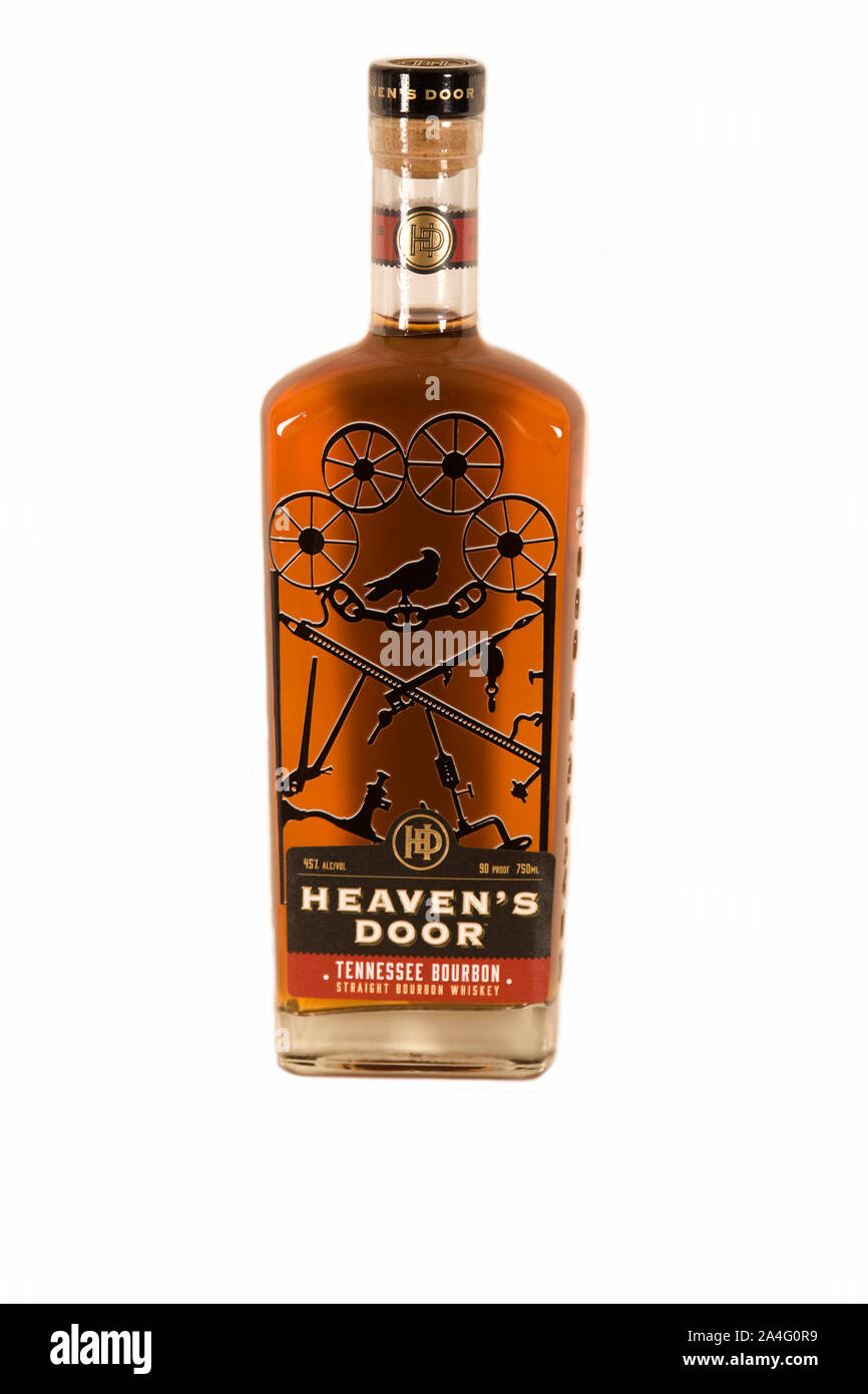 Eine Flasche Bob Dylan's Heaven's Door Tennessee Bourbon Whiskey auf isolierten weißen Hintergrund Stockfoto