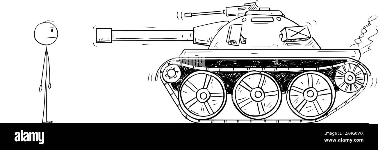 Vektor cartoon Strichmännchen Zeichnen konzeptionelle Darstellung der Mutigen unbewaffneten Mann oder demonstrant vor Armee tank. Stock Vektor