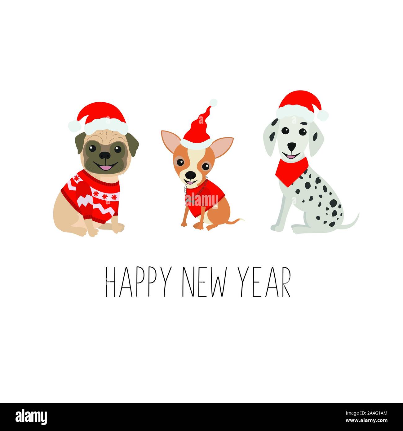 Grußkarte zum frohen Neujahr. Niedliche Hunde in lustigen Weihnachtskostümen. Isoliert auf weißem Hintergrund. Stock Vektor