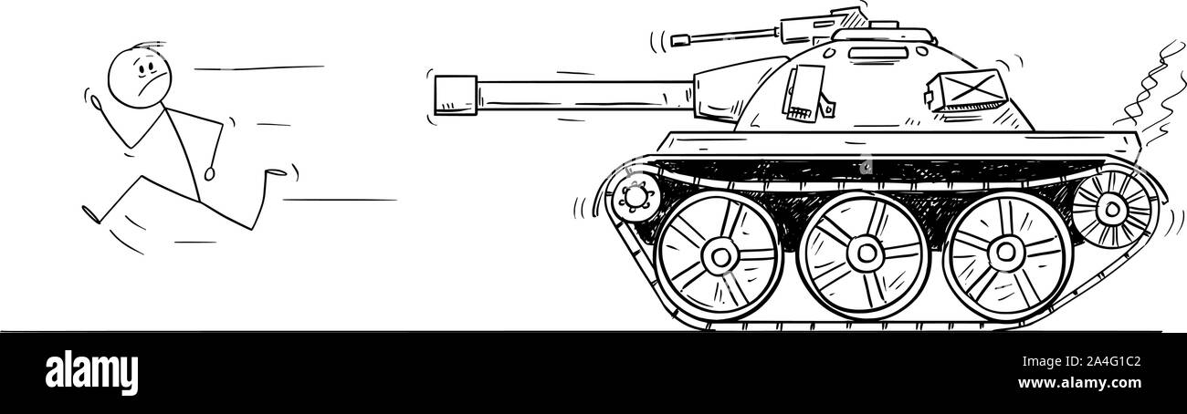 Vektor cartoon Strichmännchen Zeichnen konzeptionelle Darstellung der unbewaffneten Mann oder zivile weg von der Armee Tank läuft. Stock Vektor