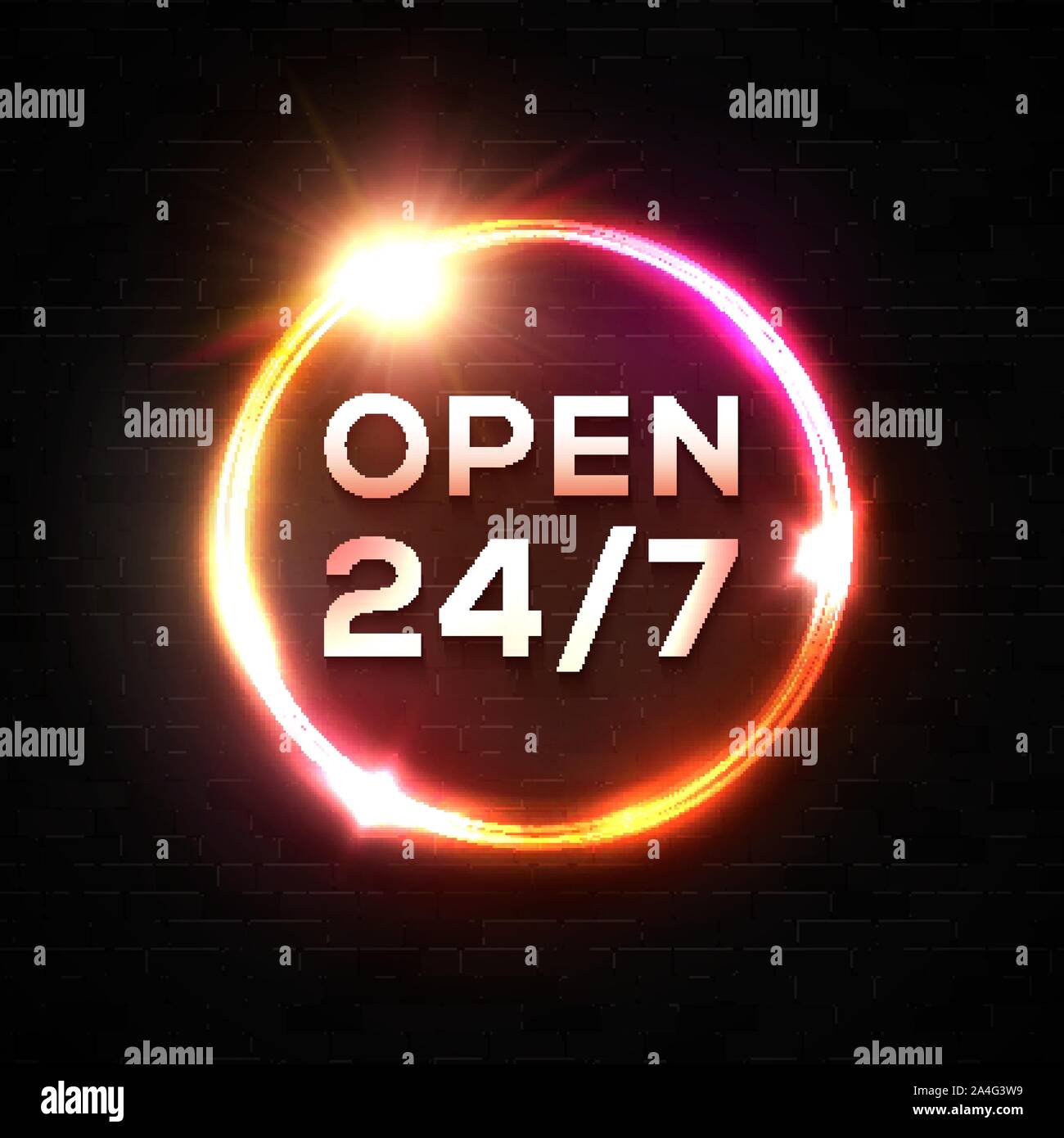 24 7 Stunden Leuchtreklame. Glühende Kreis Rahmen. Stock Vektor