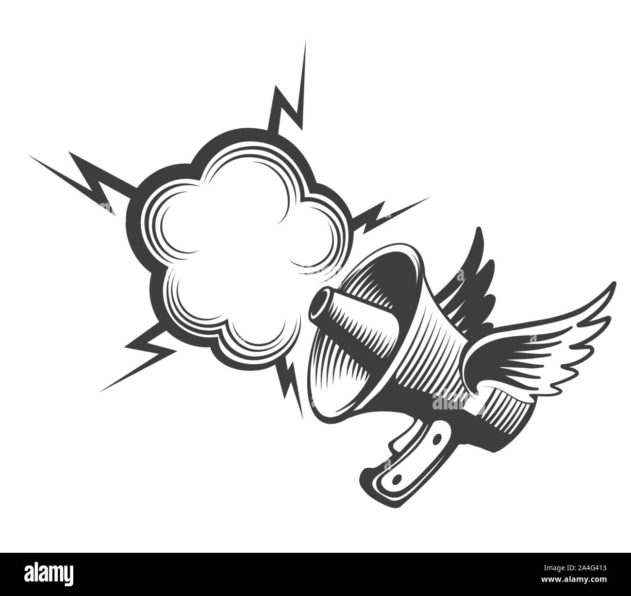 Winged Megafon mit Sprechblase Emblem. Vector Illustration. Stock Vektor