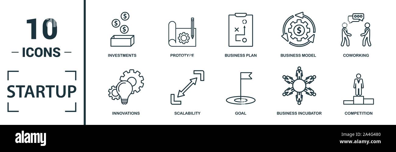 Start Icon Set. Kreative Elemente Ziel gehören, Business Plan, Prototyp, Gründerzentrum, vision Symbole. Kann für den Bericht verwendet, Präsentation. Stock Vektor