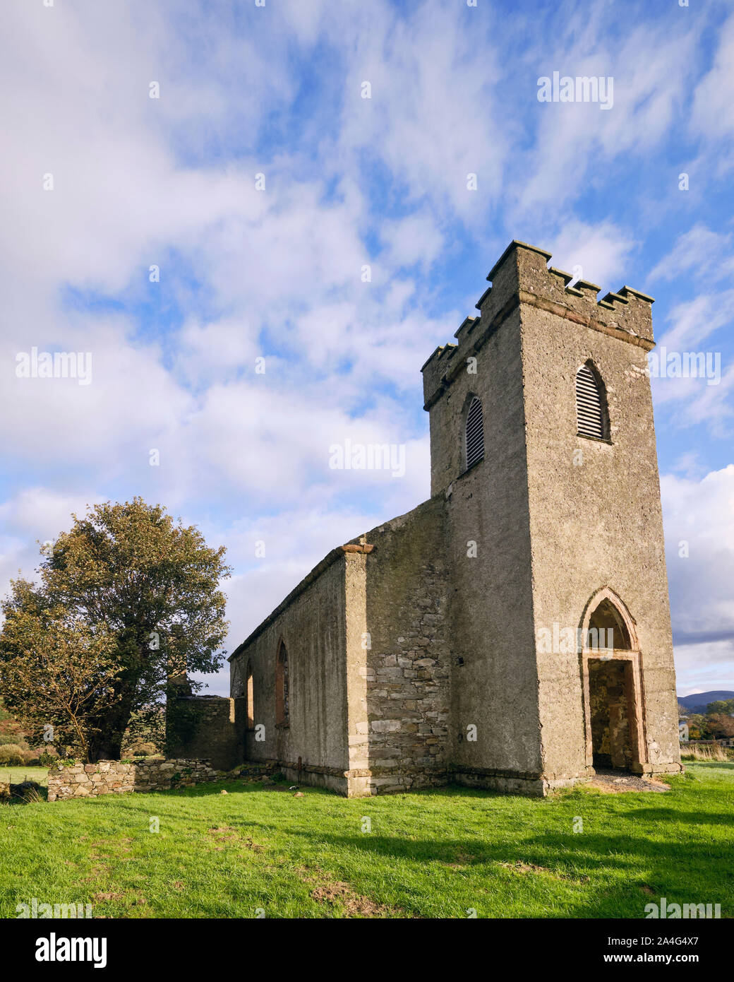 Die wiederhergestellten Dachlosen bleibt von St. Columba Kirche in der Nähe von Straid Clonmany in Inishowen Stockfoto