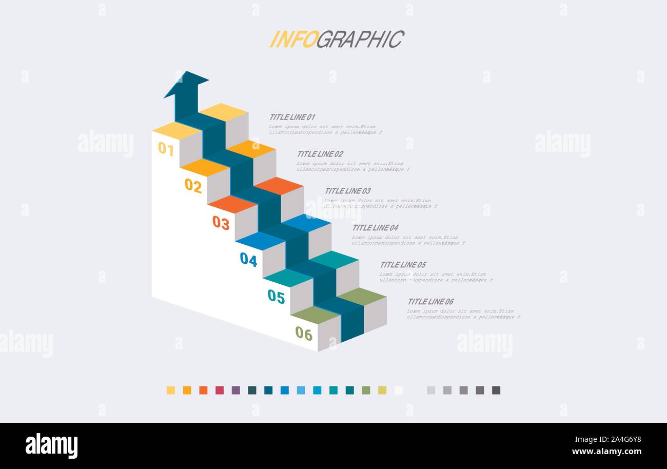 Bunte Diagramm, infografik Vorlage. Timeline mit 6 Optionen. Treppen Workflow für das Geschäft. Vektor Design. Stock Vektor