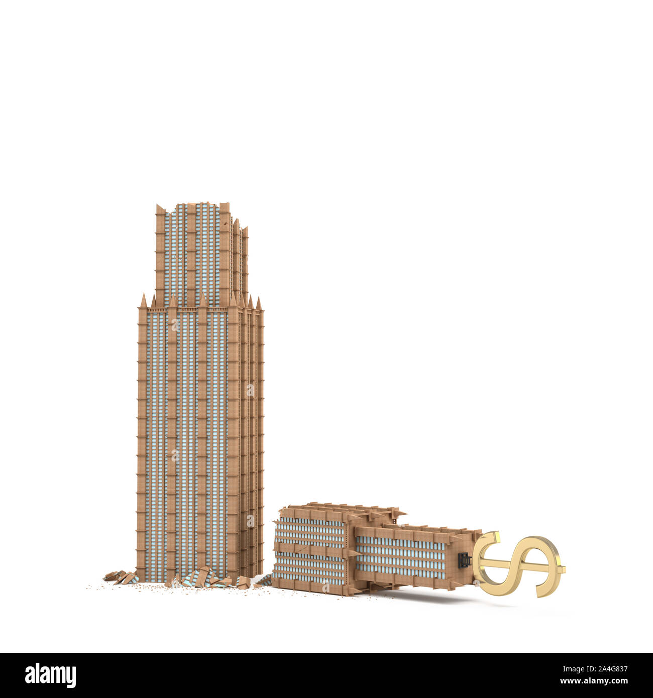 3D-Rendering eines Hochhauses mit einem Dollarzeichen auf der oberen Hälfte gebrochen auf weißem Hintergrund. Finanzmarkt Büste. Verlust des Kapitals. Corpor Stockfoto