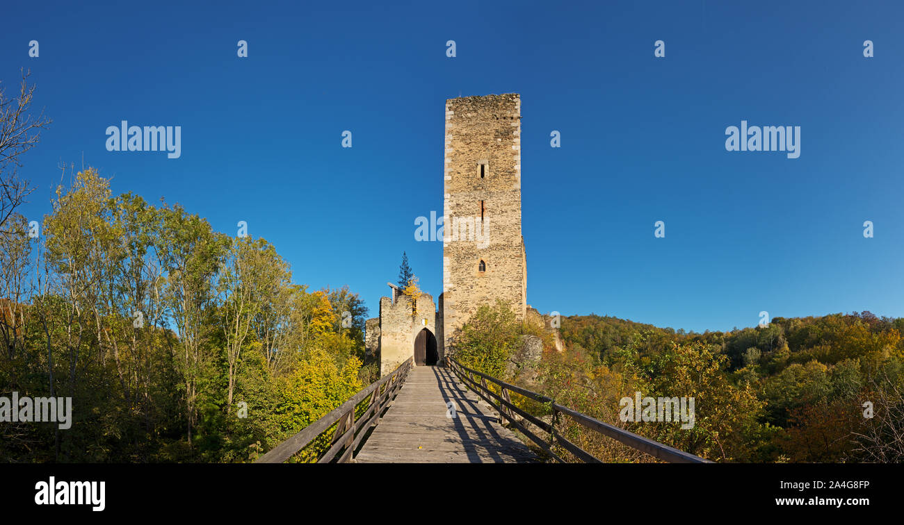 Panoramablick auf das historische Kaja Schloss in der Mitte der natürlichen Mischwald im sonnigen, herbstlichen Wetter mit wolkenlosem Himmel in Österreich. Stockfoto