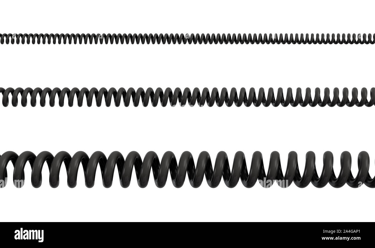 3D-Rendering von drei unterschiedlich große Spiralkabel aus schwarzem PVC auf einem weißen Hintergrund. Kommunikationskabel. Niedrige Spannung. Verbindung zum Telefon. Stockfoto